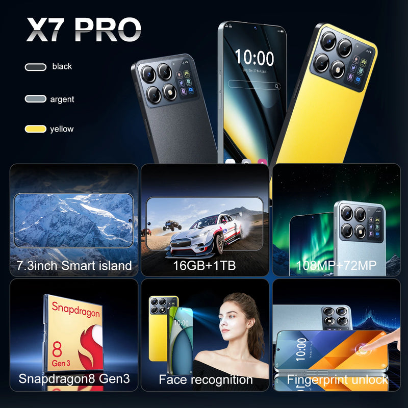 X7 Pro 2024 New Smartphone 7.3 inch Full Screen 4G/5G Cell Phone 16TB+1TB 7800mAh Mobile Phones 108MP Global Version Celulares