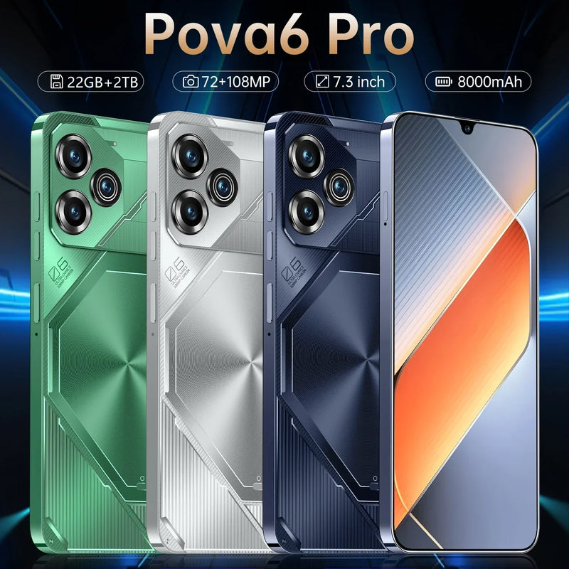 Pova 6 Pro Smartphone 22GB+2TB 7.3 inch Large Screen 8000mAh 4G 5G Dual SIM Cellphone 108MP Camera 10 Core Chip Super Game Phone