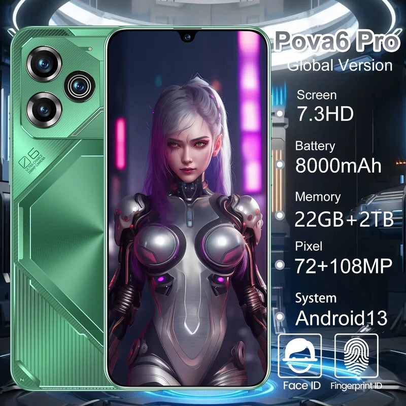 Pova 6 Pro Smartphone 22GB+2TB 7.3 inch Large Screen 8000mAh 4G 5G Dual SIM Cellphone 108MP Camera 10 Core Chip Super Game Phone